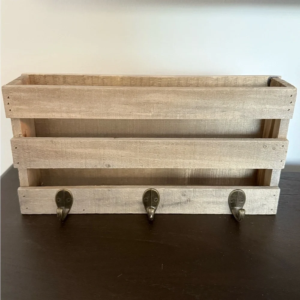 Rustic Wooden Wall Organizer Mail Slot & Key Hooks Light Natural Wood.